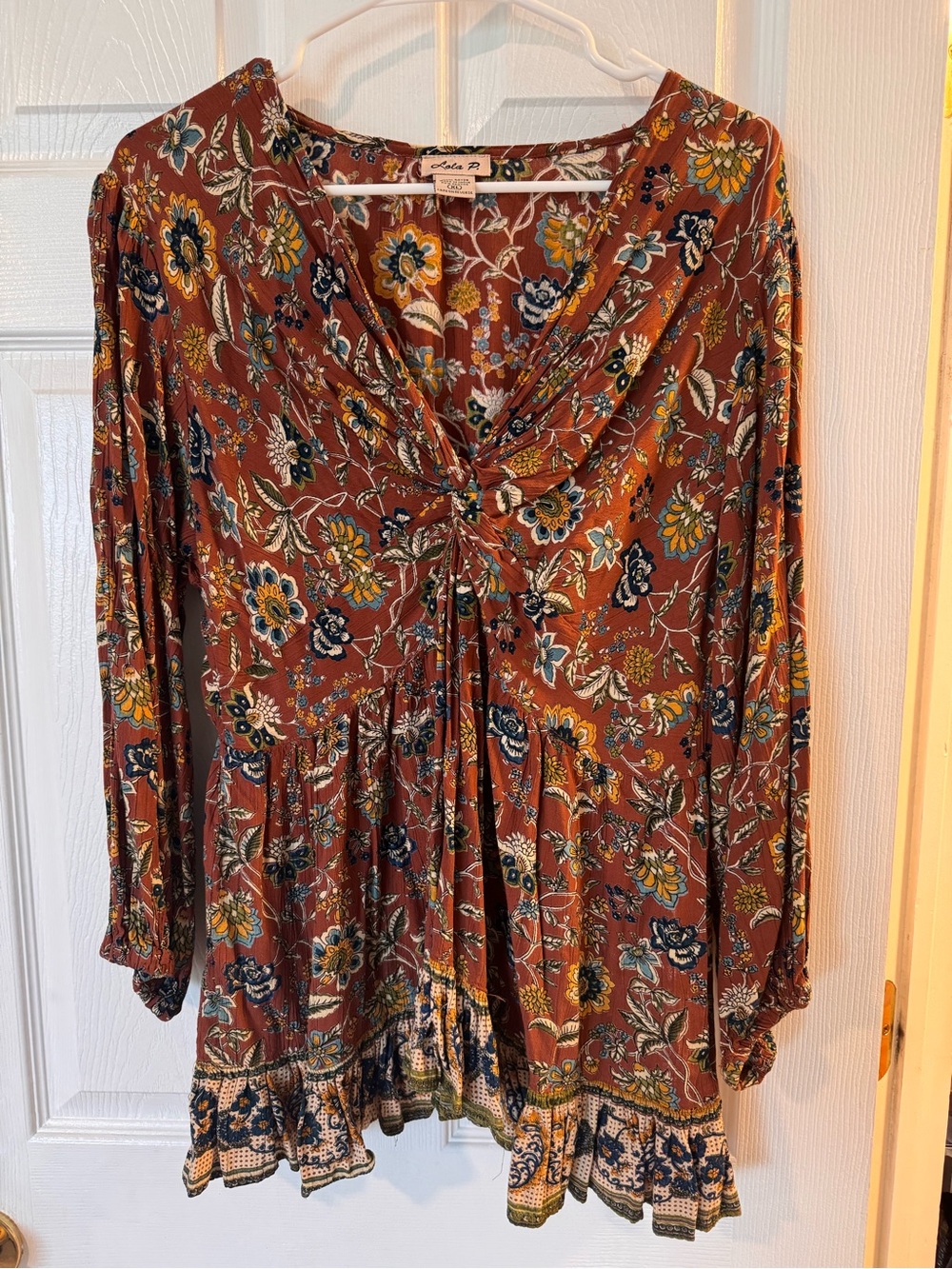 Floral Rust V-Neck Long-Sleeve Tunic Top